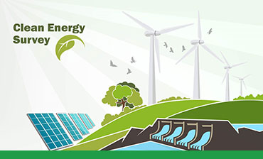 Illustration showing alternative energy sources: wind, solar, hydropower with the words clean energy survey